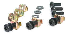 CAGE NUT ASSEMBLIES comprise M6 cage nuts, a nylon washer and a M6 x 16 pan head cross recess screw and are supplied in packs of 50 sets.