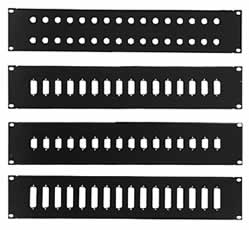PATCH PANELS come in various configurations and include DB9, BNC., and RJ45 in both flat panel and recessed types, finished in black powder coat.
